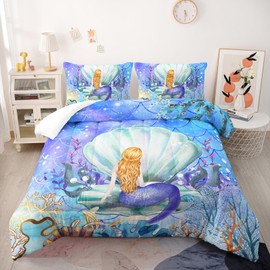 Nttopship Mermaid Princess Comforter Sets Queen Size Bedding Sets for Kids,Blue Ocean and Scallops Comforter Sets All Season 1 Comforter and 2 Pillowcases