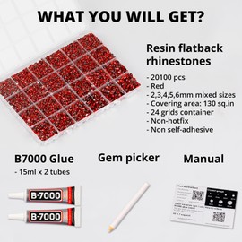 20100Pcs Red Rhinestones for Crafts Bedazzling with b7000 Gem Glue, Flatback Rinestones Crystals Diamonds for Clothing Clothes Fabric Shoes Decoration, Flat Back Gemstones Bulk Badazzle Kit 2-6mm