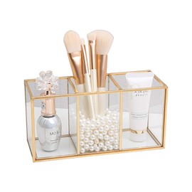 SLHEQING Makeup Organiser, Brush Holder, Pen Holder, Glass and Brass Desk Organiser, Cosmetic Storage for Brushes, Eyeliner, Lipstick (Gold A)