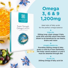 healthspan Healthspan Super Strength Omega 3, 6 & 9 1,200mg (90 Capsules) | Brain, Eye & Heart Health | Omega 3, 6 & 9 Fatty Acids | Premium Fish, Borage & Extra-Virgin Olive Oils | Sustainably Sourced