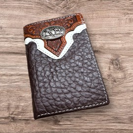 Western Stakes Leather Tri Fold Wallet Cowboy Praying at Cross Concho Tooled Cowboy Floral Embossed Leather Rodeo Wallet Cowboy Style Hand Crafted High End Mens Wallets Leather Gifts For Men (Coffee)
