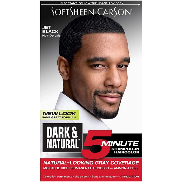 Hair Color for Men by SoftSheen Carson Dark and Natural, 5 Minutes, Natural Looking Gray Coverage for up to 6 weeks, Shampoo-in Permanent Hair Dye, Jet Black, Ammonia Free, 1 Count