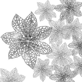 Boao 24 Pieces Glitter Poinsettia Christmas Tree Ornament Christmas Flowers Decor Ornament, 3/4/6 Inches (silver)