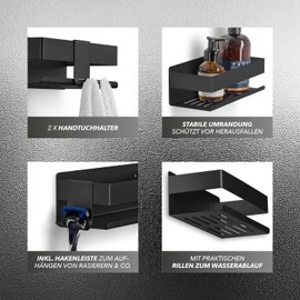 BENKSTEIN Shower Shelf | Shower Shelf for Gluing or Drilling | Shower Basket for Hanging - Can also be Mounted without Drilling | Shower Gel & Shampoo Holder for Shower etc. | Bathroom Organiser