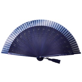 Osaka Choseido Folding Fan, Women's, Stylish, Business, Folding Fan Bag, Handkerchief Included, Sakura Dance (Navy)