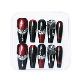 CAMILCY Press on Nails Handmade Nails Luxury Reusable Fake Nails For Girls Long Coffin Armor Black Dark Red Diamonds Hand Painted Salon Loveful Design Acrylic Gel UV Finished For Women 3DNails 10PCS M
