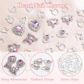 YAEISM 38PCS Heart Nail Charms 3D Pink Nail Gems 7 Styles Silver Nail Rhinestones Alloy Love Crystals Nail Gems and Rhinestones for Nails Valentine's Day and DIY Crafting