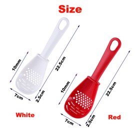 BuxiuGK Pack of 2 Multifunctional Cooking Spoons, High Temperature Resistant Plastic Skimmer Shovel Strainer Grater Masher Slotted Spoon for Dripping, Mashing, Grinding, Grating Garlic (White and Red)