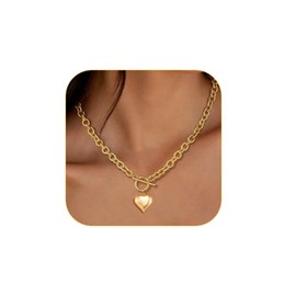 KHKINDPRO Heart Gold Necklace for Women，Chunky statement Necklaces for Women Trendy 18k Gold Plated Pendant Charm Necklaces Thick Chain Link Toggle Clasp Necklace Gold Jewelry Gifts (Gold heart)