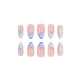 SINHOT Flower Press on Nails - Medium Almond Fake Nails Glossy Glue on Nails 3D Blue Swirl Acrylic Stiletto Artificial Nail Art White Gradient Stick on False Nails with Design DIY 24 pcs