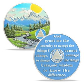 IELCJJ 7 Year Sobriety Coin, Delicate Sunlight Mountains Sobriety Chip Rivers Green Tree AA Coin and Medallions Na Sober Token Narcotics Alcoholics Anonymous Recovery Gifts for Men Women