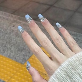 Lwenjing Nail Tips, 24 Pieces, 3D Nail Tips, Handmade Nail Tips, Short, Spring and Summer, Popular, Japanese Style, Cute, Simple, Stylish, Bride, Shiny, False Nails, Double-Sided Tape, Adult