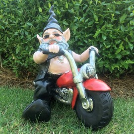 Nowaday Gnomes - Biker Dude The Biker Gnome in Leather Motorcycle Gear Riding His Red Bike Home & Garden Gnome Statue 12" H