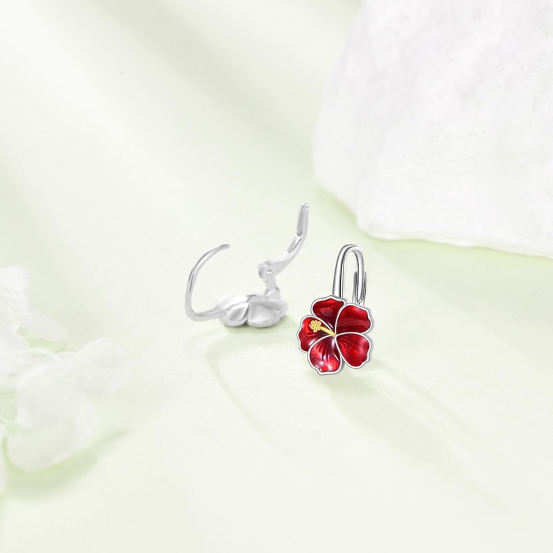 URONE Hibiscus Earrings For Women 925 Sterling Silver Hawaiian Earrings