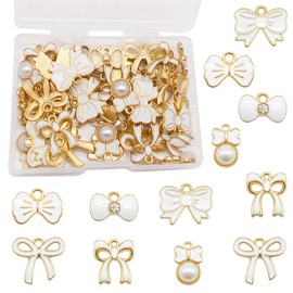 GraceAngie 1 Box 60Pcs 6 Style Bow Charm for Jewelry Making Enamel Bowknot Charms Bow Tie Cute Pendants Bulk for Women Jewelry Making Earrings Necklace Bracelets DIY Craft Supplies (White)