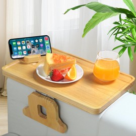 Wooden Sofa Arm Tray, Large Size 15x9.8 Couch Armrest Tray, No Installation Required, Foldable, Eat/Drinks/Remote Control/Snacks Holder, with 360° Rotating Phone Stand