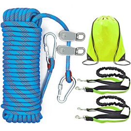 Dog Tie Out Cable for Camping, Dog Trolley System and 4ft Bungee Leash for Dogs Up to 400lbs, Suitable for Camping, Yard and Outdoor Events (Blue 2dogs, 100Ft)