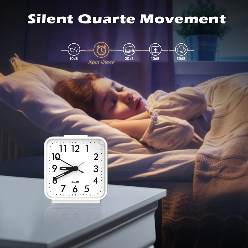 JXTZ Analog Alarm Clock, White, Battery Powered, Snooze, Night Light,