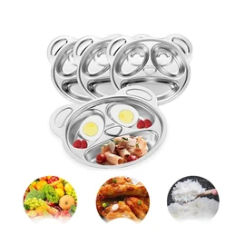 WOYAODONG 4Pcs Stainless Steel Divided Plates, 304 Stainless Steel Cute Panda Shape Divided Plates for Picky Eaters, Lunch, Camping