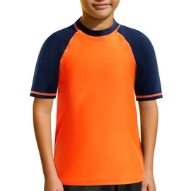 MASOCIO Children's UV Swimming Shirt UPF 50+ Swimming Shirt Boys Short-Sleeved Quick-Drying Rash Guard for Boys Size 104-158, Orange Navy, 110 - 116