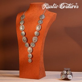 Rustic Couture's Western Concho Floral Necklace Jewelry Set for Women 2 Pieces Cowgirl Vintage Turquoise Necklace Earring Set RNS-1013TQ