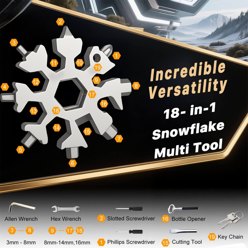 MUCLIP 18-in-1 Snowflake Multi Tool,2 Pack Stainless Steel with Carabiner,Bottle