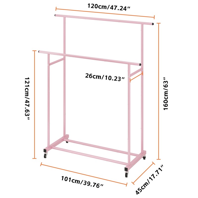 Calmootey Double Rod Clothing Garment Rack,Rolling Hanging Clothes Rack,Portable Clothes