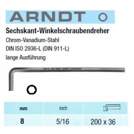 ARNDT Germany 8 mm extra langer Inbusschlüssel, metrischer Sechskantschlüssel, 200 mm Länge