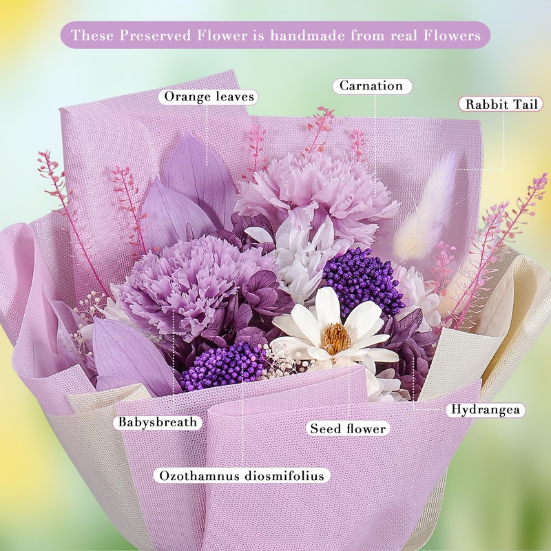 Lovionus89 Preserved Bouquet, Forever Fresh Carnations, Durable Real Flowers for
