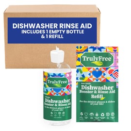 Truly Free Natural Dishwasher Booster & Rinse Aid - Non-Toxic Dishwashing Aid Formula, Removes Residue & Tough Dish Stains, Water Spot Remover - Includes: 1 Reusable Empty 12 oz Bottle & 1 Refill