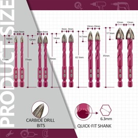 QUEFORET Carbide Drill Bit Set 10 Pieces - 5/5/6/6/8/8/10/10/12/12 mm Masonry Drill Bit for Wood, Plastic, Masonry, Concrete, Wet Drilling, Ceramic Tiles, Marble, Quick Change Hex Shank
