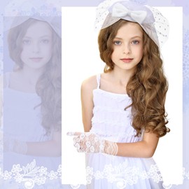 JenPen 2 Pcs Fascinator Hat for Girls Funeral Veil Hat Kids 50s Fascinator Black White Lace Hat and Gloves for Tea Party(White)