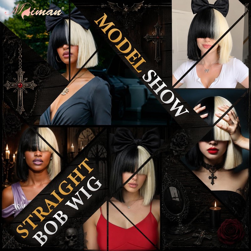 Half Blonde and Black Wig 2 Tone Hair Short Straight
