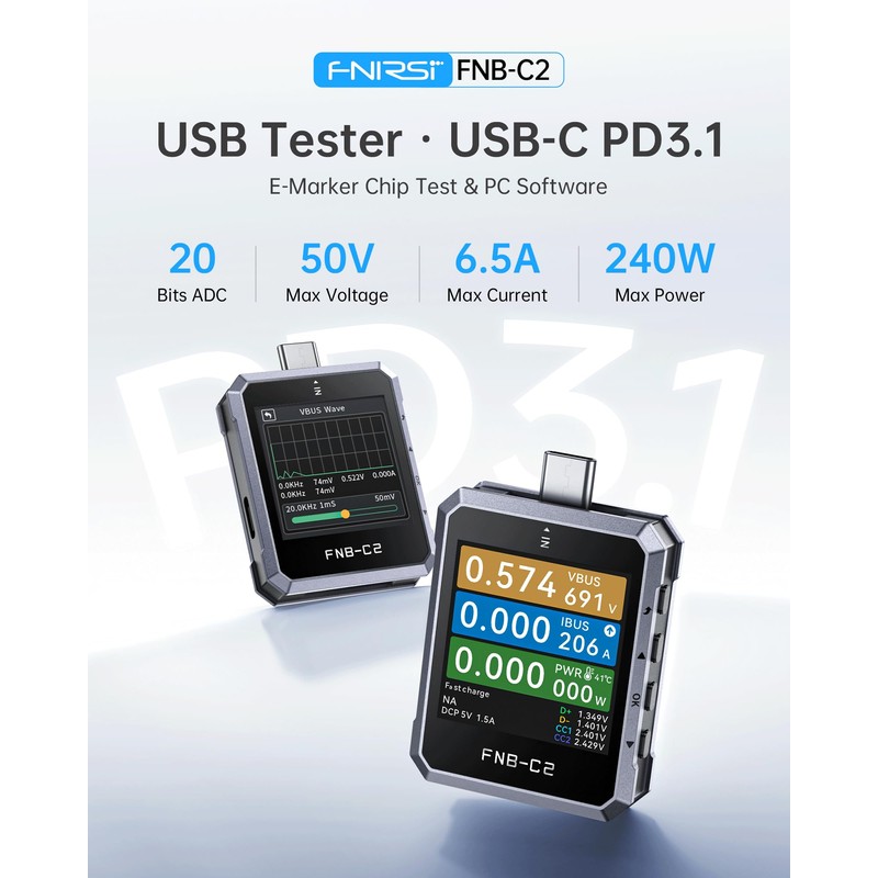 FNIRSI FNB-C2 PD3.1 USB-C Tester 240W, Bi-Directional, E-Marker Reader