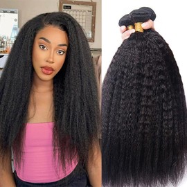 DMS Kinky Straight Hair 3 Bundles Yaki Straight Bundles Human Hair For Black Women 100% Unprocessed Brazilian Remy Hair Natural Black Color (24 26 28)