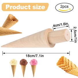 Pack of 2 Wooden Waffle Cone Rollers Made of Natural Wood for DIY Ice Cream Cone Maker & Crispy Waffle Cone Shaper for Household, Cafe