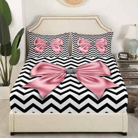 Homewish Pink Bow Fitted Sheet Twin Size,Geometric Bedding Set 2pcs for Kids Teens Girls Adult Room Decor, Wavy Stripes Bed Cover Black Bed Sheet Set with 1 Pillowcase