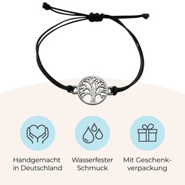 Nuoli Tree of Life Bracelet Silver, Black Textile Band, Women's Bracelet Adjustable Size, Handmade in Germany, Nickel-Free