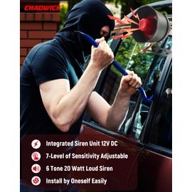 CHADWICK Car Horn Siren Alarm For 12V DC Car, Universal, 1 Pack, 2 Remote Controls, Anti-theft Device, 7-level Sensitivity, No Thread Trimming, Non-Destructive Installation (CW-8152)