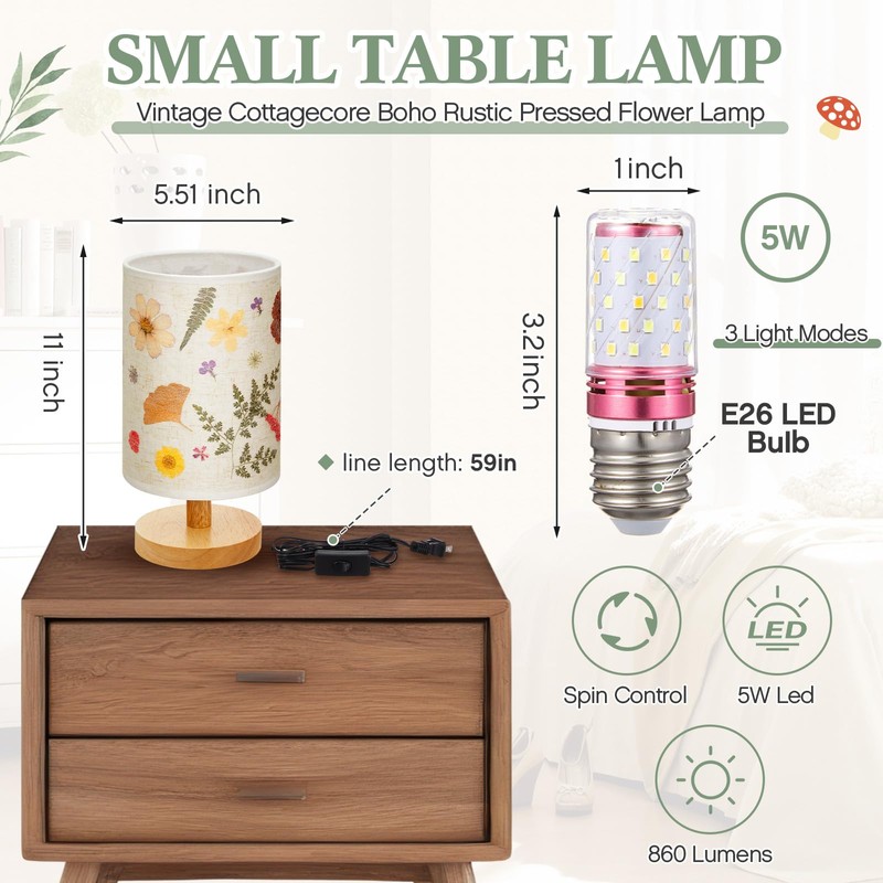 Hortsun Pressed Flower Lamp Vintage Table Small Lamp Cottagecore Decor