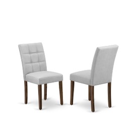 East West Furniture ASP8T27 Austin Parsons Dining Room Chairs - Light Gray Faux Leather Upholstered Seat and Button Tufted Chair Back – Antique Walnut Finish (Set of 2)