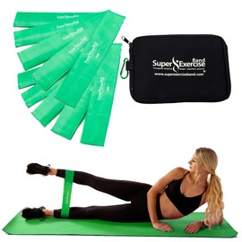 Super Exercise Band 10 Pack 14" x 3" Extra Long Green Light Strength Mini Loop Bands. Non-Latex Resistance for Fitness, Physical Therapy, Pilates, and Strength Training.
