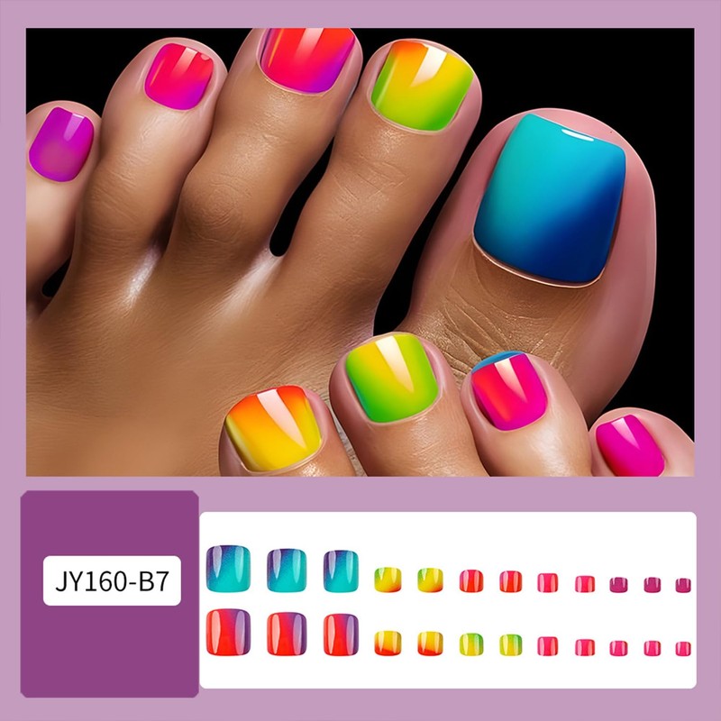 Rainbow Gradient Fake Toenails Colorful Ombre Press on Toenails Glossy