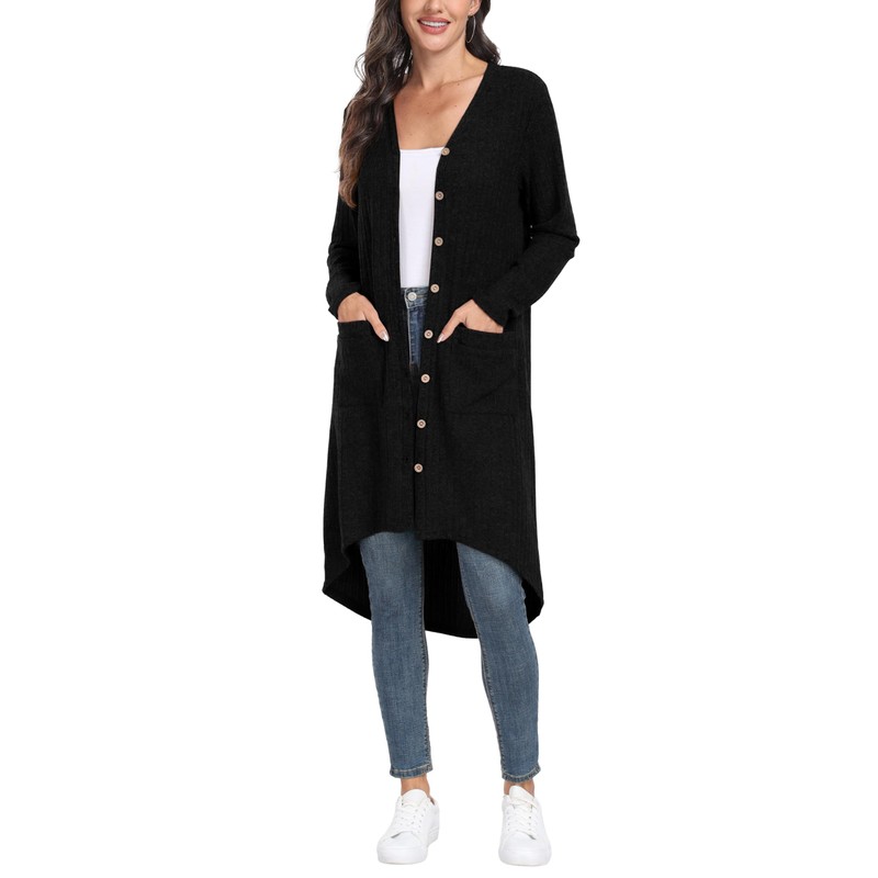 GRECERELLE Women's Long Cardigan Elegant Thin Ribbed Long Sleeve with