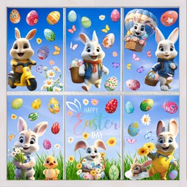 AhfuLife Easter Window Cling, 9 Sheets Larger 3D Easter Bunny Chick Rabbit Window Stickers, Happy Easter Easter Eggs Flower Spring Window Cling for Home, Office, School Party Decoration Supplies