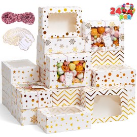 JOYIN 24 Pcs Christmas Cookie Boxes, Gold Foil Treat Box with Window 6" x 6" x 3" Bakery Gift Wrapping Box with 4 Designs for Xmas Holiday Party Favor Pastries, Cupcakes, Cookies, Donuts Gift-Giving