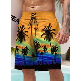 ERECT PEAK Men Summer Adjustable Waist Palm Tree Patterned Short Quick-Dry Colorful Comfortable Sunset Beach Shorts Orange S