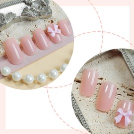Nude Nails Bow Press on Nails Medium Length Fake Nails with Glossy Nude Pink Designs Cute False Nails Natural Nude Bows Acrylic Nails Cute Finger Manicure Decorations Artificial Nails for Women Girls