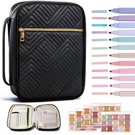AHANKERE Bible Cover Case for Women, Quilted Large Handle Vegan Leather Bible Bags with Bible Study Supplies Accessories Church,Classroom,Campus,Neighborhood Association (Vintage Black,M/L)
