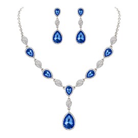 EleQueen Women's Cubic Zirconia Teardrop Y-Necklaces Dangle Earrings Jewelry Sets for Brides Bridesmaids Sapphire Clear-Tone